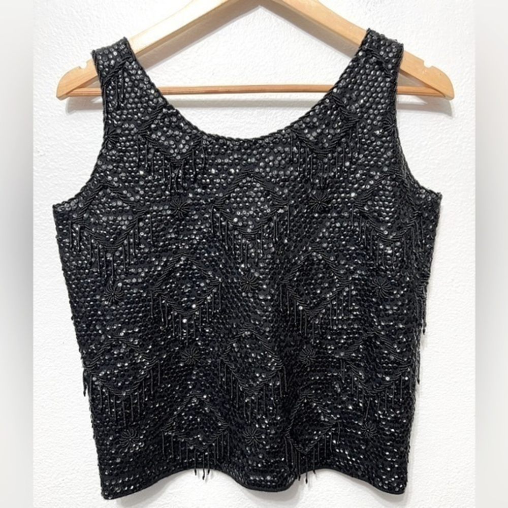 100% Wool Size Medium‎ Vintage Beaded Design Black Sleeveless Top